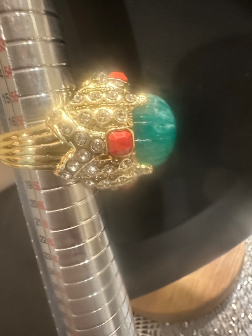 Gold-Tone Green Carved Center Ring with l Accent Stones - Picture 3 of 5